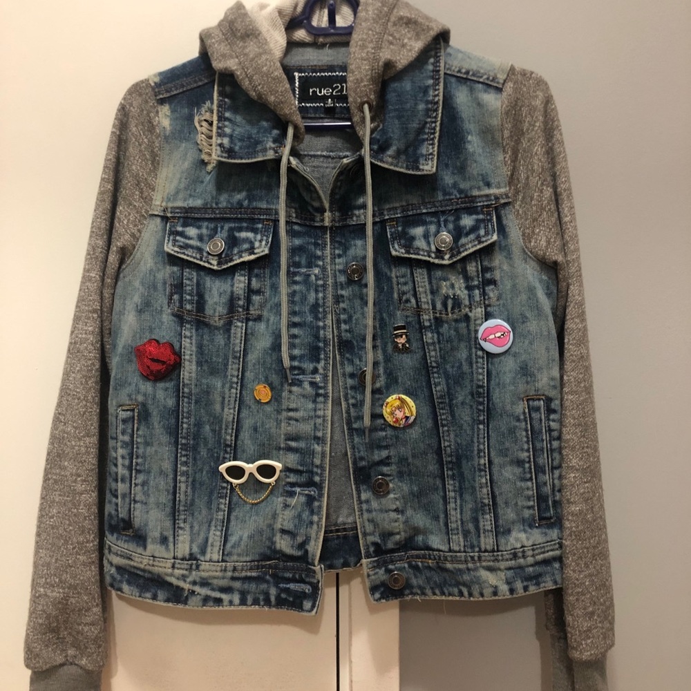 Denim hoodie jacket with Sailor Moon pins